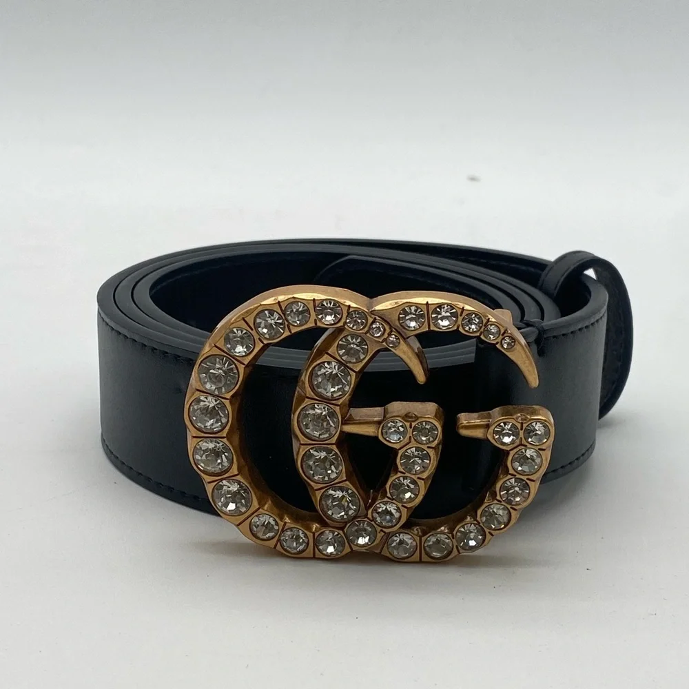 Gucci Black Leather Rhinestone Crystal GG Marmont Buckle Belt 110 XL W/ Box - Picture 5 of 14
